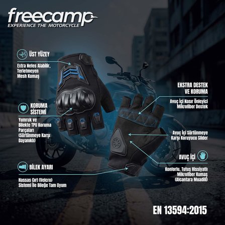 FreeCamp Power Yarım Parmak Motosiklet Eldiveni EN 13594-SİYAH-MAVİ