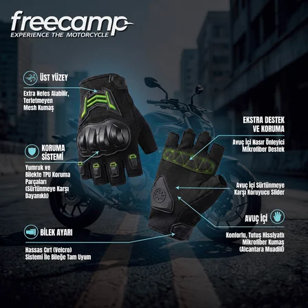 FreeCamp Power Yarım Parmak Motosiklet Eldiveni-SİYAH-YEŞİL