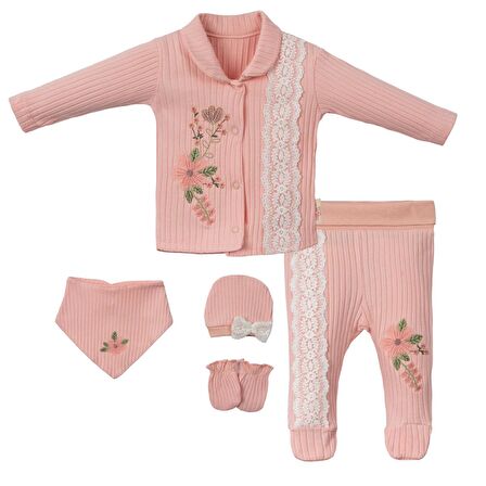 Çiçek Nakışlı Önden Çıtçıtlı Kız Bebek Beşli Set