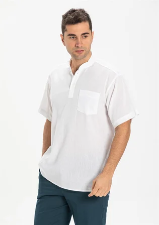 Kısa Kol Şile Bezi Hakim Yaka Erkek Tshirt Beyaz