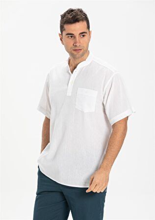 Kısa Kol Şile Bezi Hakim Yaka Erkek Tshirt Beyaz
