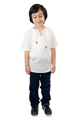 Kısa Kol Şile Bezi Zımbalı Erkek Çocuk Tshirt Krem