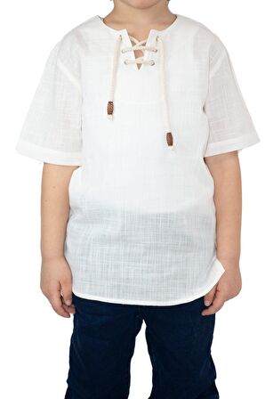 Kısa Kol Şile Bezi Zımbalı Erkek Çocuk Tshirt Krem