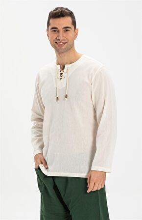 Uzun Kol Şile Bezi Zımbalı Erkek Tshirt Krem