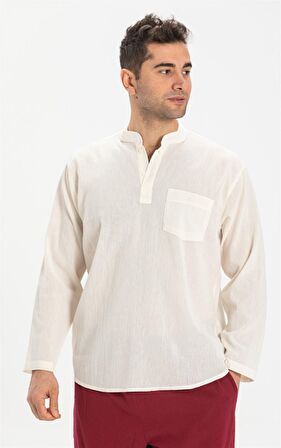 Büyük Beden Şile Bezi Uzun Kol Hakim Yaka T-shirt 
