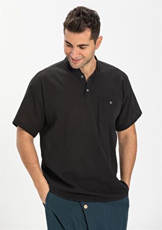 Kısa Kol Şile Bezi Hakim Yaka Erkek Tshirt Siyah
