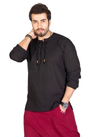 Uzun Kol Şile Bezi Zımbalı Erkek Tshirt Siyah
