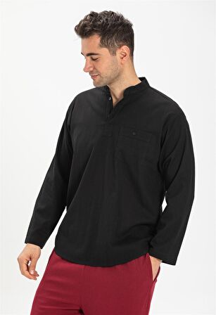 Büyük Beden Şile Bezi Uzun Kol Hakim Yaka T-Shirt 