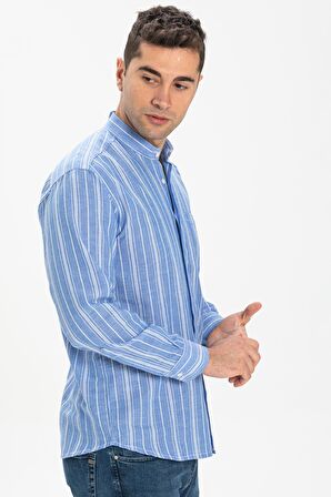 Uzun Kol Şile Bezi Hakim Yaka Tek Cepli Erkek Yazlık Gömlek Mavi Beyaz Çizgili 3019