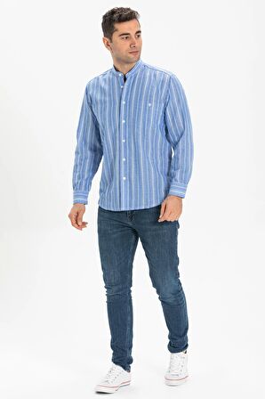Uzun Kol Şile Bezi Hakim Yaka Tek Cepli Erkek Yazlık Gömlek Mavi Beyaz Çizgili 3019
