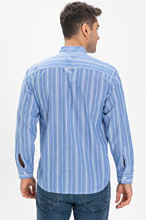 Uzun Kol Şile Bezi Hakim Yaka Tek Cepli Erkek Yazlık Gömlek Mavi Beyaz Çizgili 3019
