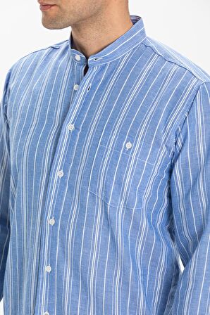 Uzun Kol Şile Bezi Hakim Yaka Tek Cepli Erkek Yazlık Gömlek Mavi Beyaz Çizgili 3019