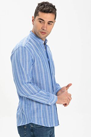 Uzun Kol Şile Bezi Hakim Yaka Tek Cepli Erkek Yazlık Gömlek Mavi Beyaz Çizgili 3019