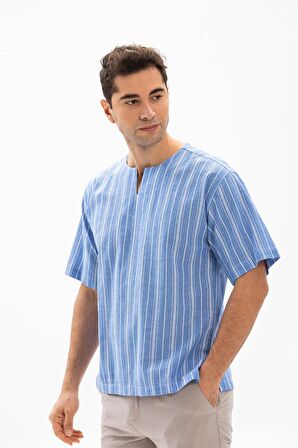 Kısa Kol Şile Bezi Bisiklet Yaka Erkek Tshirt Mavi