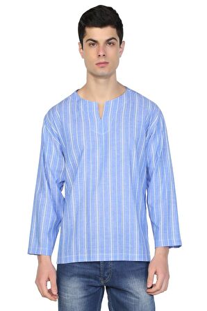 Uzun Kol Şile Bezi Bisiklet Yaka Erkek Tshirt Mavi