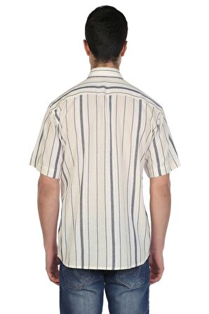 Kısa Kol Şile Bezi Tek Cepli Erkek Gömlek Ekru Gri Çizgili 3028