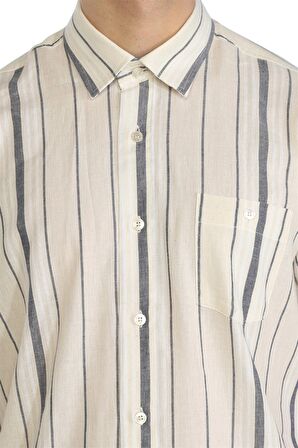 Kısa Kol Şile Bezi Tek Cepli Erkek Gömlek Ekru Gri Çizgili 3028