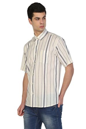 Kısa Kol Şile Bezi Tek Cepli Erkek Gömlek Ekru Gri Çizgili 3028
