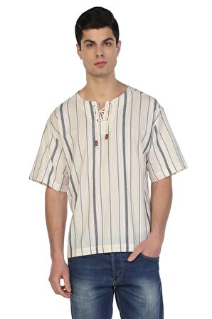 Kısa Kol Şile Bezi Zımbalı Erkek Tshirt Ekru Gri Ç