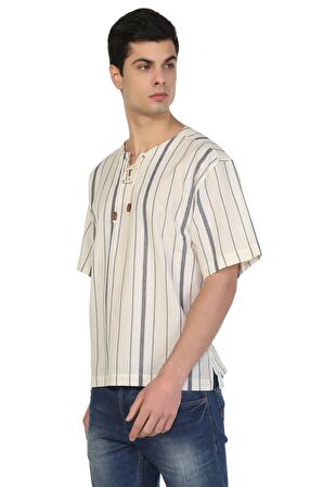 Kısa Kol Şile Bezi Zımbalı Erkek Tshirt Ekru Gri Ç