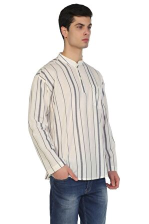 Uzun Kol Şile Bezi Hakim Yaka Erkek Tshirt Ekru Gr