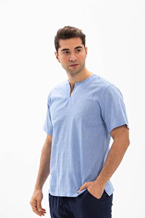 Kısa Kol Şile Bezi Bisiklet Yaka Erkek T-Shirt Mav