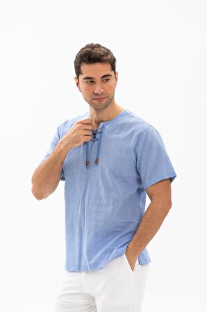 Kısa Kol Şile Bezi Zımbalı Erkek Tshirt Mavi