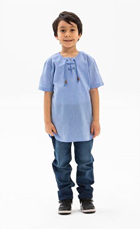 Kısa Kol Şile Bezi Zımbalı Erkek Çocuk Tshirt Mavi