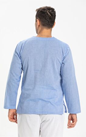 Uzun Kol Şile Bezi Zımbalı Erkek Tshirt Mavi