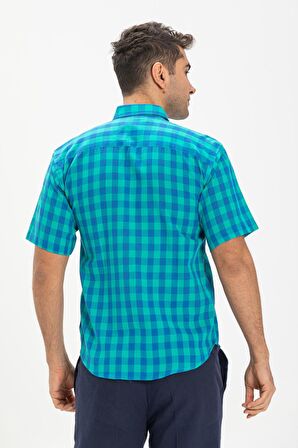 Kısa Kol Şile Bezi Tek Cepli Erkek Gömlek Mint Kareli 3033