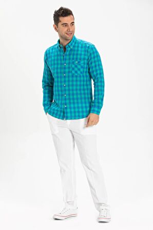 Uzun Kol Dar Kalıp Şile Bezi Tek Cepli Erkek Yazlık Gömlek Mint Kareli 3033