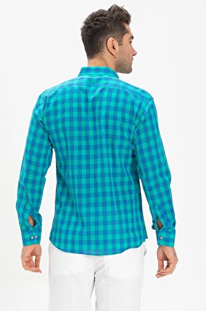 Uzun Kol Dar Kalıp Şile Bezi Tek Cepli Erkek Yazlık Gömlek Mint Kareli 3033