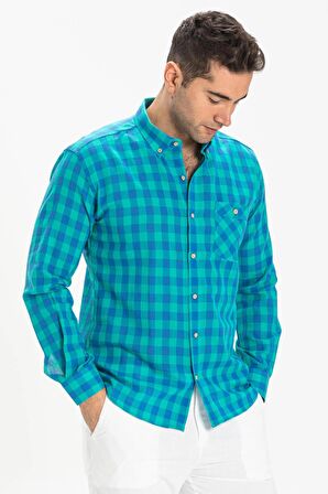 Uzun Kol Dar Kalıp Şile Bezi Tek Cepli Erkek Yazlık Gömlek Mint Kareli 3033