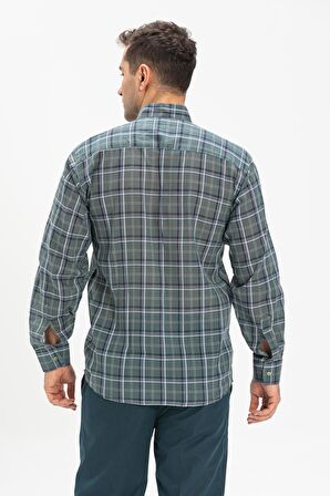 Uzun Kol Şile Bezi Hakim Yaka Tek Cepli Erkek Yazlık Gömlek Haki Ekose 3041