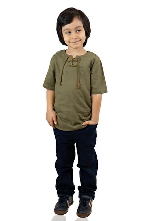 Kısa Kol Şile Bezi Zımbalı Erkek Çocuk Tshirt Haki