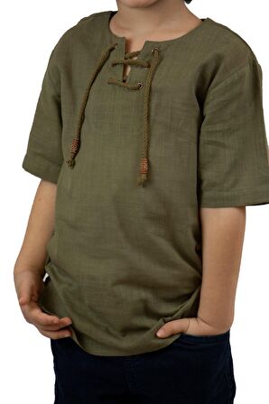 Kısa Kol Şile Bezi Zımbalı Erkek Çocuk Tshirt Haki