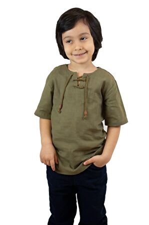 Kısa Kol Şile Bezi Zımbalı Erkek Çocuk Tshirt Haki