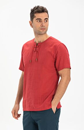 Kısa Kol Şile Bezi Zımbalı Erkek Tshirt Kırmızı