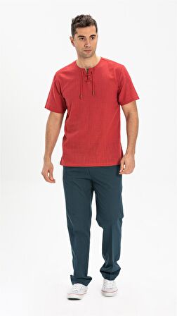 Kısa Kol Şile Bezi Zımbalı Erkek Tshirt Kırmızı