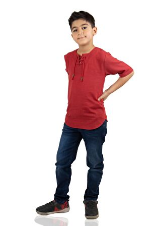 Kısa Kol Şile Bezi Zımbalı Erkek Çocuk Tshirt Kırm