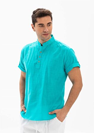 Kısa Kol Şile Bezi Bodrum Erkek T-Shirt Turkuaz