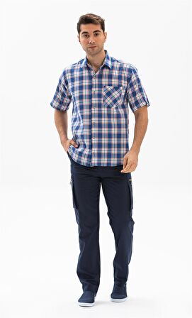 Kısa Kol Şile Bezi Tek Cepli Erkek Gömlek Saks Ekose 3060