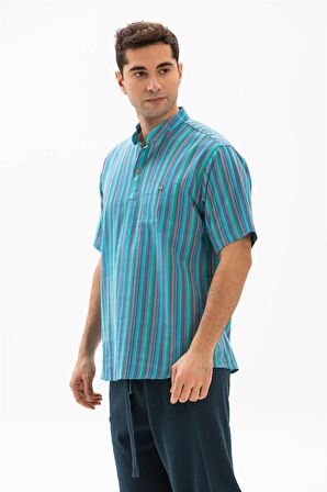 Kısa Kol Şile Bezi Hakim Yaka Erkek Tshirt Turkuaz