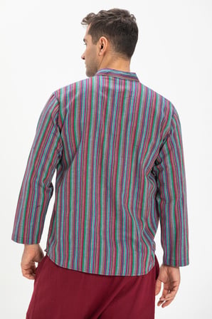 Uzun Kol Şile Bezi Tek Cepli Hakim Yaka Erkek Yazlık Tshirt Mor Çizgili 3072