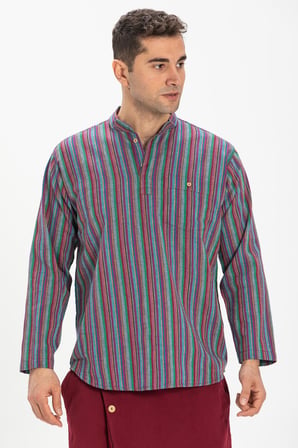 Uzun Kol Şile Bezi Tek Cepli Hakim Yaka Erkek Yazlık Tshirt Mor Çizgili 3072