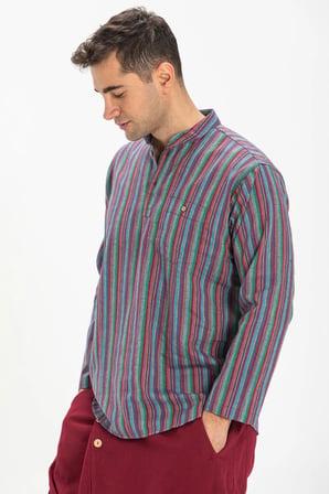 Uzun Kol Şile Bezi Tek Cepli Hakim Yaka Erkek Yazlık Tshirt Mor Çizgili 3072