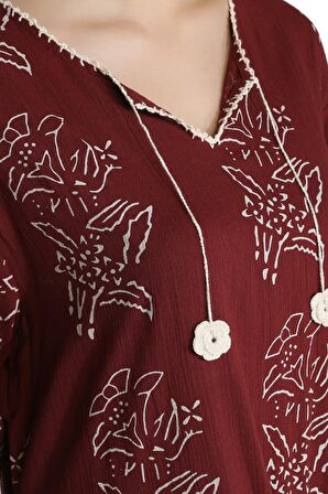 Uzun Kol Şile Bezi Baskılı Uzun Elbise Zambak Dese