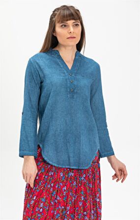 Uzun Kol Şile Bezi Akasya Bluz Kot Mavi Ktmv