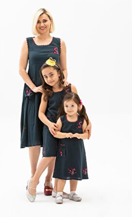 Burçak Şile Bezi Kız Çocuk Elbise Petrol Ptrl