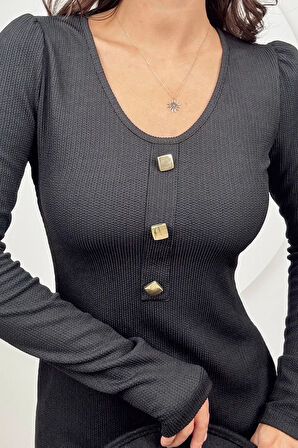 Mira Kadın Uzun Kollu V Yaka Düğmeli Siyah Slim Fit Triko Elbise